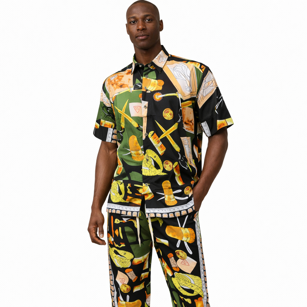 Printed  Unisex Two Piece Shirt and Trouser Fabric Set